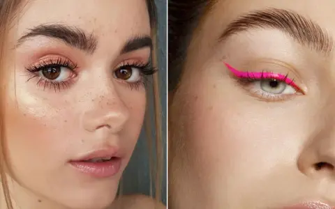 Naturalne, gęste brwi to hit! Na lewym zdjęciu dziewczyna z piegami i różowym makijażem, na prawym oko z neonowym eyelinerem.