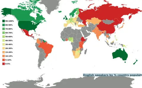 Mapa świata pokazująca odsetek osób mówiących po angielsku w każdym kraju. Zielony oznacza wysoki odsetek, czerwony niski.