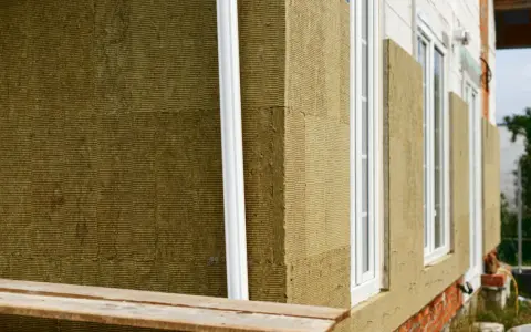 Detalle constructivo SATE: aislamiento de lana mineral en fachada, con ventanas blancas y tubería de desagüe.