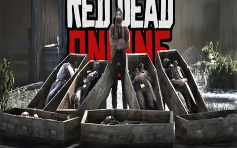 Mężczyzna stoi obok otwartych trumien z ciałami. To scena z gry Red Dead Online.