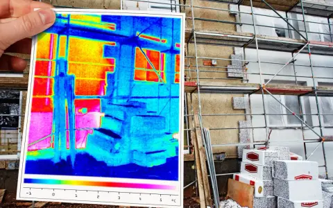 Thermografie untersuchung zeigt Wärmeverlust an einem Gebäude mit Gerüst. Farbige Darstellung von Temperaturunterschieden.
