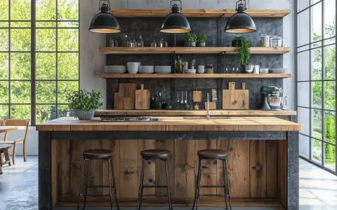 Cucina con isola in legno grezzo e sgabelli, mensole con utensili e piante. Un perfetto esempio di stile rustico moderno.