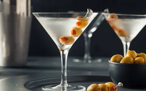 En elegant martini, en klassisk James Bond-drink, med oliver på ett cocktailspett.