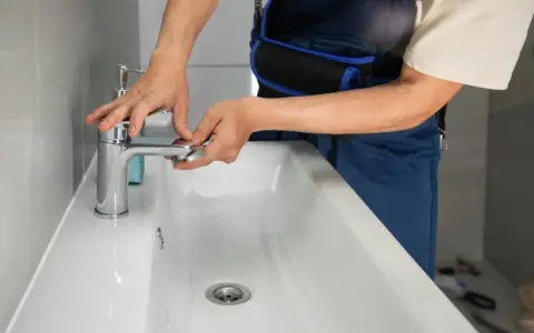 Man con mono azul trabajando en un lavabo blanco, ajustando un grifo cromado.