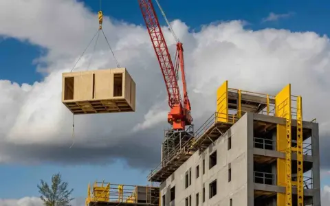Une grue rouge soulève un module en bois pour la construction hors site d'un bâtiment en béton.