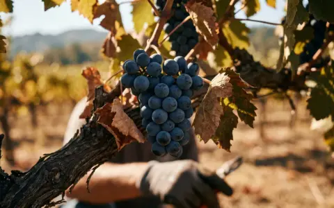 Reife Pinot Noir Trauben hängen am Rebstock, bereit zur Ernte. Ein Winzer mit Handschuhen hält eine Gartenschere im Hintergrund.