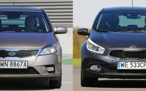 Dwa samochody Kia Ceed 1.6 CRDi stoją obok siebie, jeden brązowy, drugi ciemnoszary.