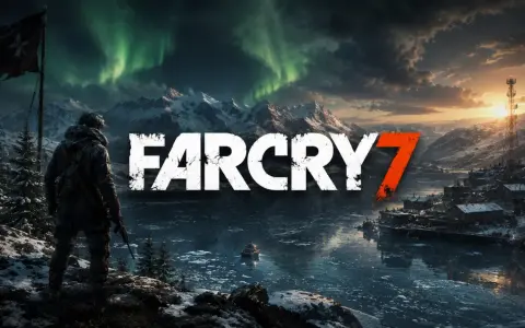 Zimowy krajobraz z zorzą polarną i napisem FAR CRY 7. Postać w zimowym ubraniu stoi na wzgórzu, patrząc na zamarznięte jezioro i osadę.
