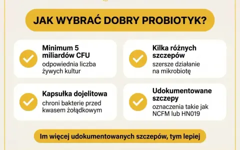 Jak wybrać dobry probiotyk dla dzieci? Minimum 5 miliardów CFU, kilka szczepów, kapsułka dojelitowa i udokumentowane szczepy to klucz do zdrowia.