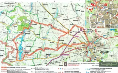 Piastowski trakt rowerowy w Gnieźnie i okolicach. Mapa szlaków rowerowych z zaznaczonymi atrakcjami turystycznymi.