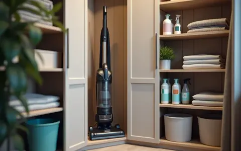 Un aspirateur trône dans un coin de ce rangement balai fait maison, à côté de produits ménagers et de serviettes pliées.