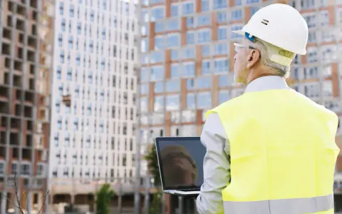 Ingeniero con casco y chaleco reflectante revisa un portátil frente a edificios en construcción. A pesar de un posible **ite desfavorable**, su mirada es decidida.