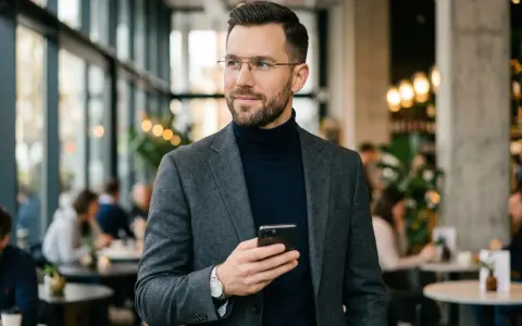 Elegancki mężczyzna z telefonem, zastanawia się nad typami osobowości tinder.