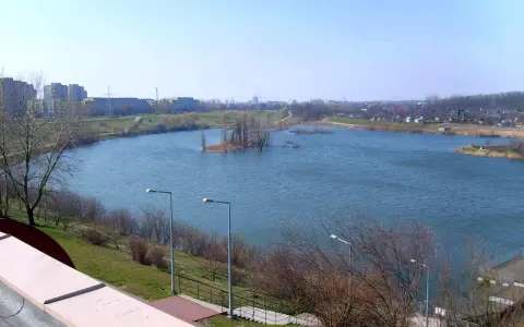 Spokojne jezioro Zatorze otoczone zielenią i zabudowaniami miejskimi. Na wodzie mała wyspa z drzewami.