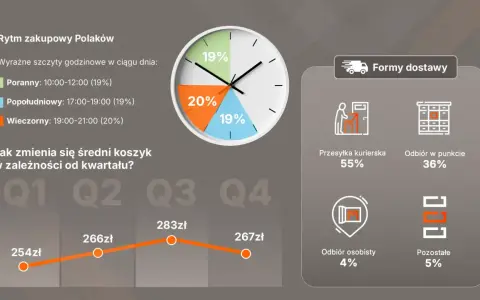 Analiza e-commerce w Polsce: szczyty zakupowe Polaków, średni koszyk w kwartałach i preferowane formy dostawy.