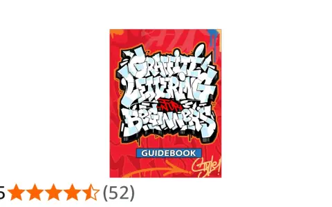 Enkel graffiti-guidebok med titeln "Graffiti Lettering for Beginners". Röd bakgrund med vita och blå bokstäver.