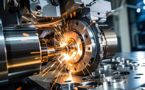 Un operatore CNC svizzero lavora con precisione su una macchina che produce scintille luminose.