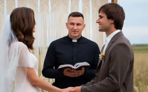Ksiądz mówi na ślubie, trzymając otwartą księgę. Panna młoda i pan młody trzymają się za ręce, patrząc na siebie z uśmiechem.
