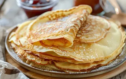 En hög med gyllene tunna pannkakor, pudrade med florsocker, redo att avnjutas med sylt och honung.