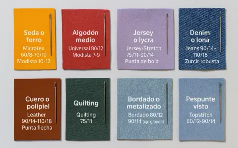 Ocho muestras de tela con agujas: seda, algodón, jersey, **denim** (vaquero), cuero, quilting, bordado y pespunte.