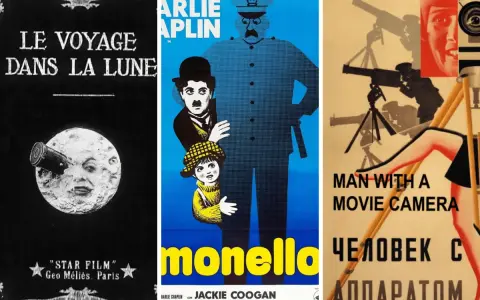 Collage of three vintage film posters: "Le Voyage dans la Lune," Charlie Chaplin, and "Man with a Movie Camera.