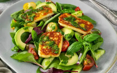 Pyszna sałatka z halloumi, awokado, pomidorkami i świeżymi ziołami, polana zielonym dressingiem.