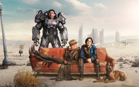 Personajes de Fallout 4 en un sofá desértico. Un soldado en armadura, un hombre con sombrero y una mujer con uniforme azul, junto a un perro. El amor en el páramo, un posible fallout 4 romance.