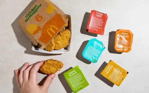 Ręka sięga po McNuggeta z pudełka. Obok sosy: Tangy BBQ, Spicy Buffalo, Ranch, Sweet 'N Sour, Honey Mustard. 20 McNuggets kcal to kusząca wizja.