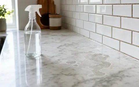 Une bouteille de vinaigre blanc sur un comptoir en pierre naturelle, prêt à nettoyer les taches.