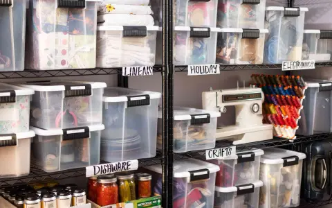 Organized basement storage ideas with labeled clear bins for linens, holiday items, crafts, electronics, and dishware.