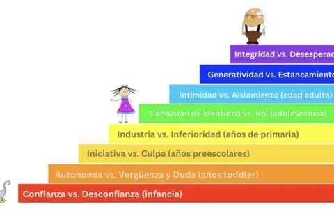 Escalera de los estadios del desarrollo humano, desde la infancia hasta la vejez, con conflictos psicosociales.