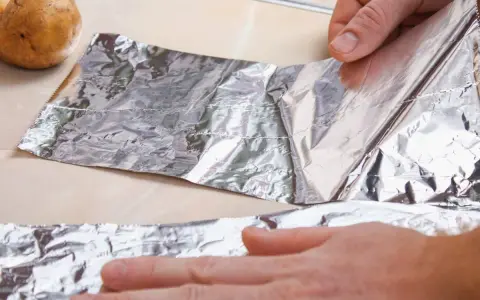 Ręce rozwijają folię aluminiową obok ziemniaków. Zastanawiasz się, gdzie wyrzucić folię aluminiową?