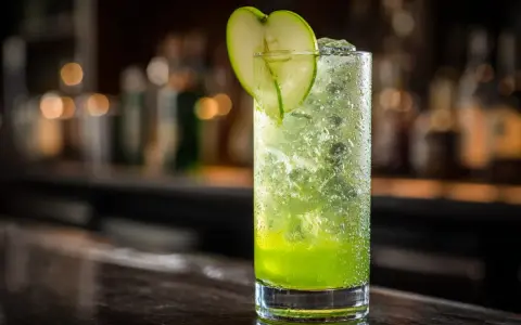 En uppfriskande grön drink, ett drink p2, med is och en äppelskiva som garnering, står på en bardisk.