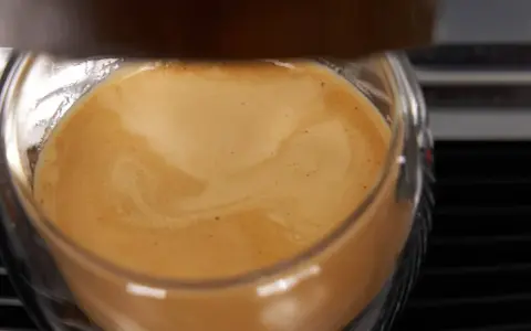 Ein Glas mit cremigem Kaffee, das ist cafe crema mit milch. Die goldbraune Crema wirbelt sanft.