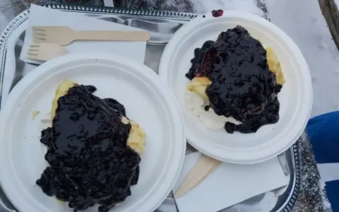 Dwa talerze z naleśnikami i jagodami, gotowe do zjedzenia w górskiej chatce.