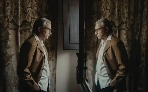 Uomo anziano con giacca marrone e camicia bianca, riflesso in uno specchio. L'arredamento suggerisce un'eleganza d'altri tempi, forse un omaggio a Balenciaga di dove è.
