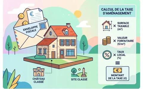Calcul de la taxe d'aménagement : surface taxable x valeur forfaitaire x taux local = montant de la taxe. Une enveloppe fiscale et une maison illustrent le calcul de la taxe abri de jardin.