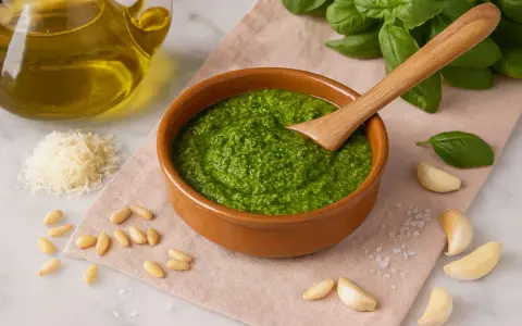 Frisches Pesto Genovese in einer Schale, umgeben von Pinienkernen, Parmesan, Knoblauch, Basilikum und Olivenöl.
