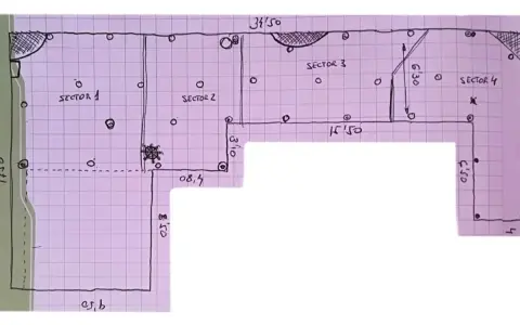 Plano de riego detallado por sectores, con medidas y puntos de instalación.