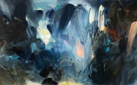 Abstract painting with dark blues, blacks, and hints of orange and yellow. The brushstrokes create a sense of depth and movement, evoking a feeling of a mystical landscape, perhaps a scene from Chu Teh-Chun's imagination.