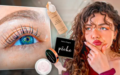 Un œil avec des cils recourbés, des produits de beauté Maison Regard, dont un pour le rehaussement cils, et une femme songeuse.