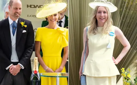 A couple in yellow, adhering to the royal ascot dress code, pose with a bottle of champagne.