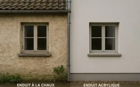 Comparaison de deux façades : un mur à la chaux texturé et un mur acrylique lisse, avec des fenêtres similaires.