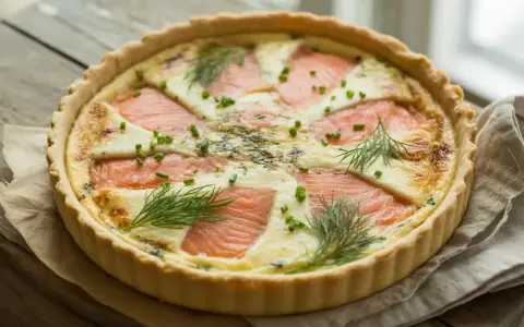 Une délicieuse quiche au saumon, garnie d'aneth frais et de ciboulette, prête à être dégustée.