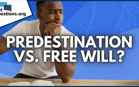 A thoughtful Black man ponders the question of predestination vs. free will, with the words emblazoned across the image.