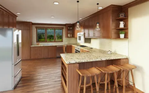 Cocinas abiertas al salón con barra de madera y taburetes. Encimeras de granito, electrodomésticos de acero inoxidable y suelo de parqué.