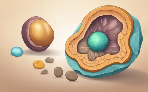 Ilustracja przedstawia przekrój przez komórkę, sugerując przyczyny kamicy nerkowej. Wokół znajdują się małe kamyczki.