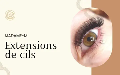 Un œil avec des extensions de cils volumineuses, offrant un regard intense. Une alternative au mascara semi-permanent pour un effet longue durée.
