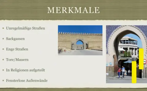 Merkmale einer islamischen orientalischen Stadt: Mauern, Tore, enge Gassen und fensterlose Außenwände.