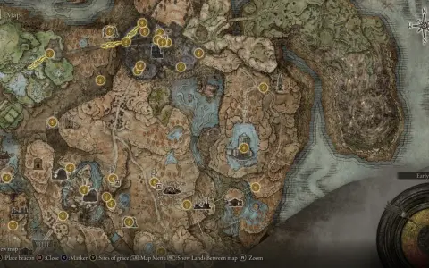 Mapa de Elden Ring con numerosos puntos de gracia dorados marcando lugares de interés y descanso.